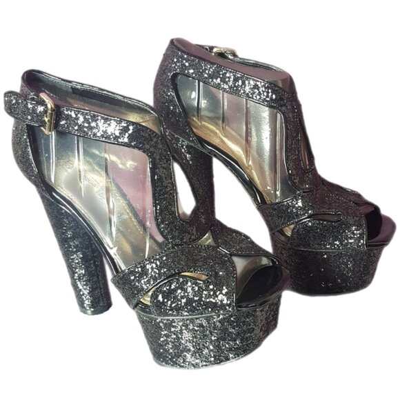 Wild Pair Shoes - NEW in BOX! Wild Pair Black Glitter Platform Cylinder Tall‎ Heels Open Toe 6.5